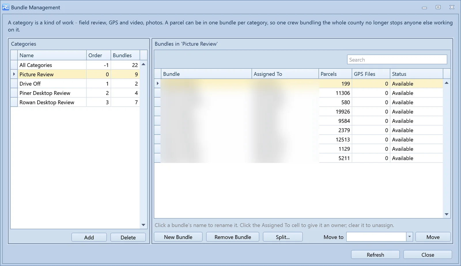 Bundle Management dialog: work categories on the left with bundle counts, and the bundles in the selected category on the right with parcel counts and status. Bundle and user names obscured.