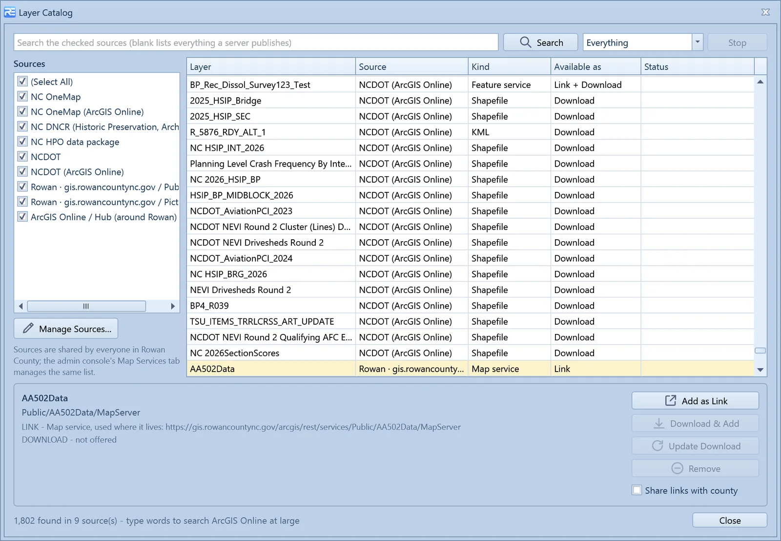 Layer Catalog dialog listing 1,802 layers from NC OneMap, NCDOT, NC DNCR, the county GIS server and ArcGIS Online, with each layer's kind and whether it is available as a link, a download or both.