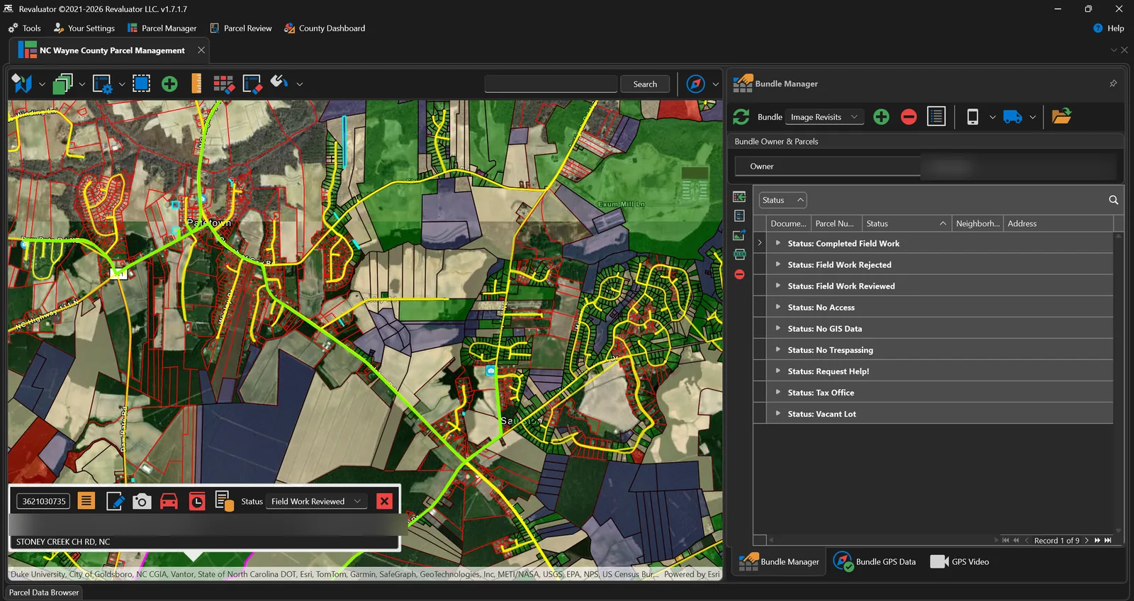 Revaluator parcel management workspace showing a colour-coded GIS parcel map beside a bundle manager listing parcels grouped by field-work status.