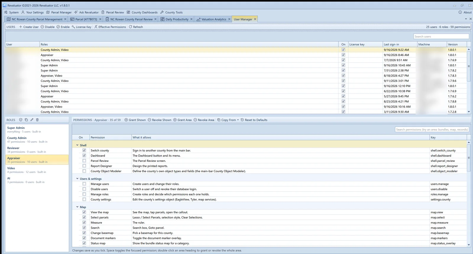 Users and Roles manager: a user grid across the top with roles, licence key, last sign-in and machine, and below it the role list beside the Appraiser role's permissions grouped by area with check boxes. User and machine names obscured.